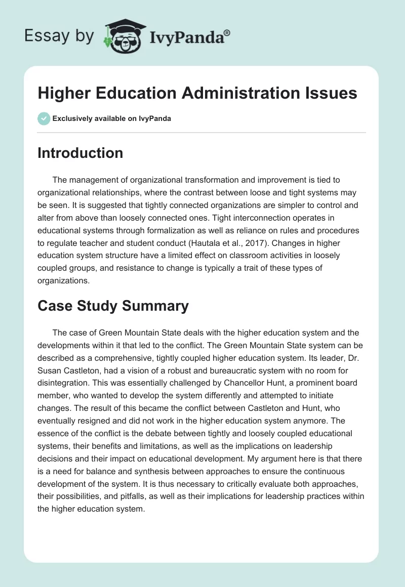 Higher Education Administration Issues. Page 1