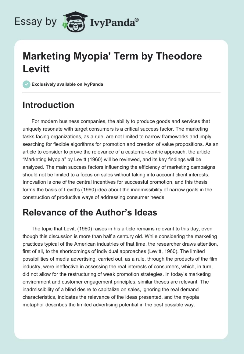Marketing Myopia' Term by Theodore Levitt. Page 1