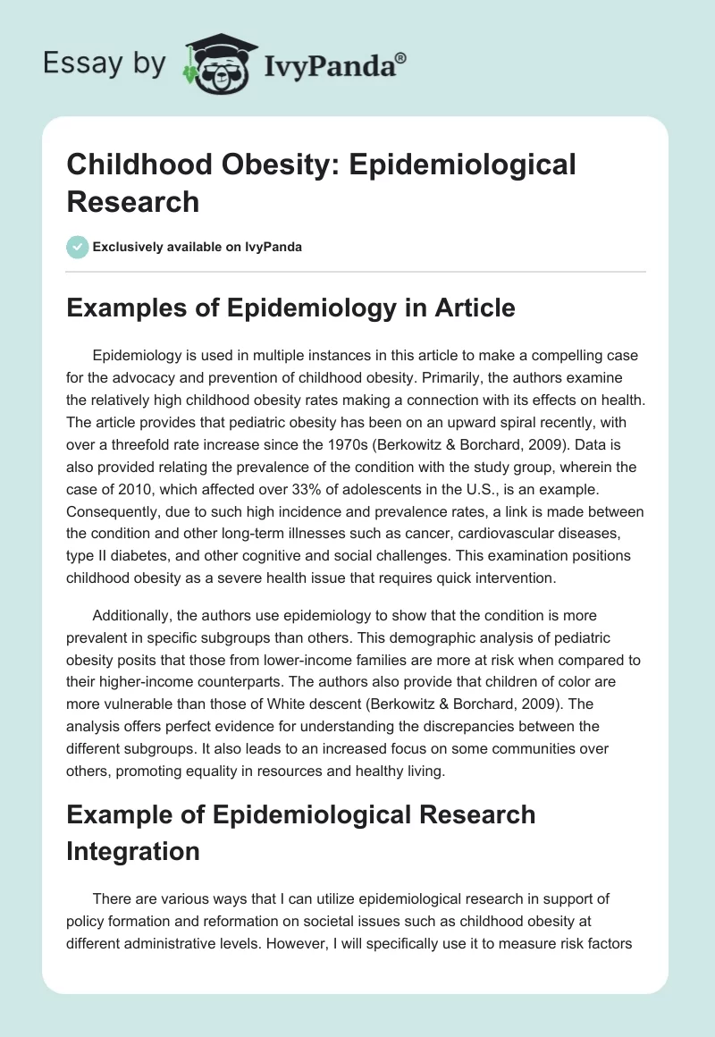 Childhood Obesity: Epidemiological Research. Page 1