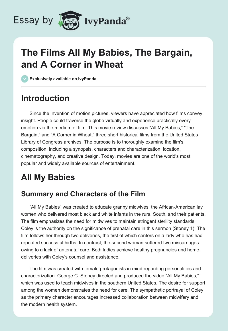 The Films "All My Babies," "The Bargain," and "A Corner in Wheat". Page 1