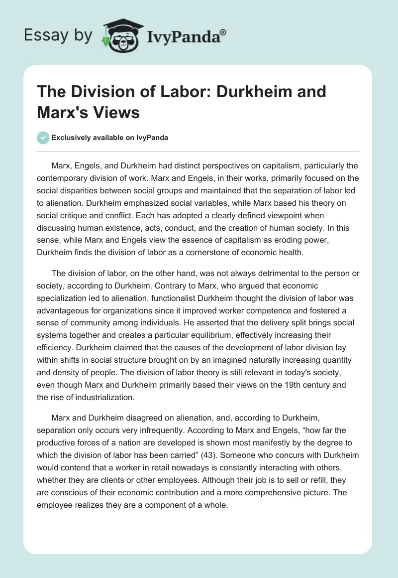 The Division of Labor: Durkheim and Marx's Views. Page 1