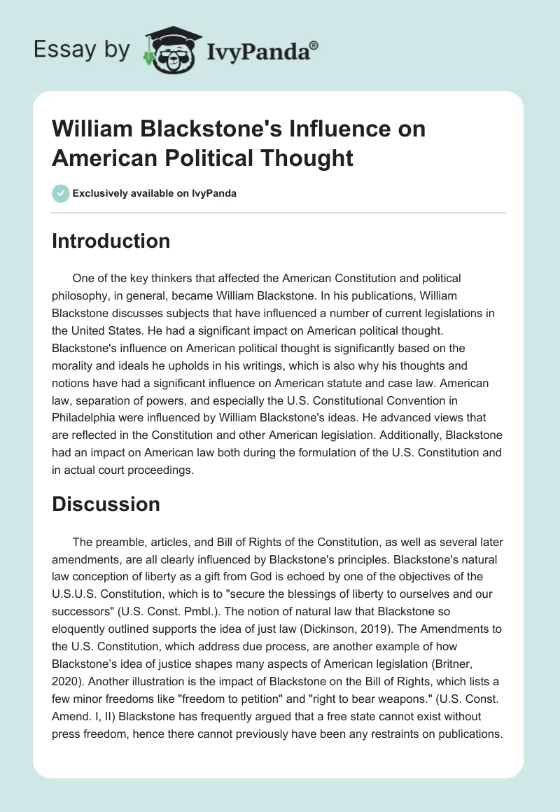 William Blackstone's Influence on American Political Thought. Page 1