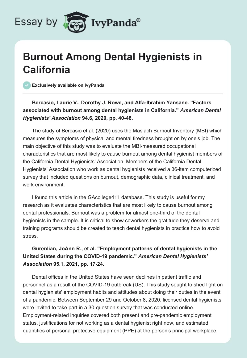 Burnout Among Dental Hygienists in California. Page 1