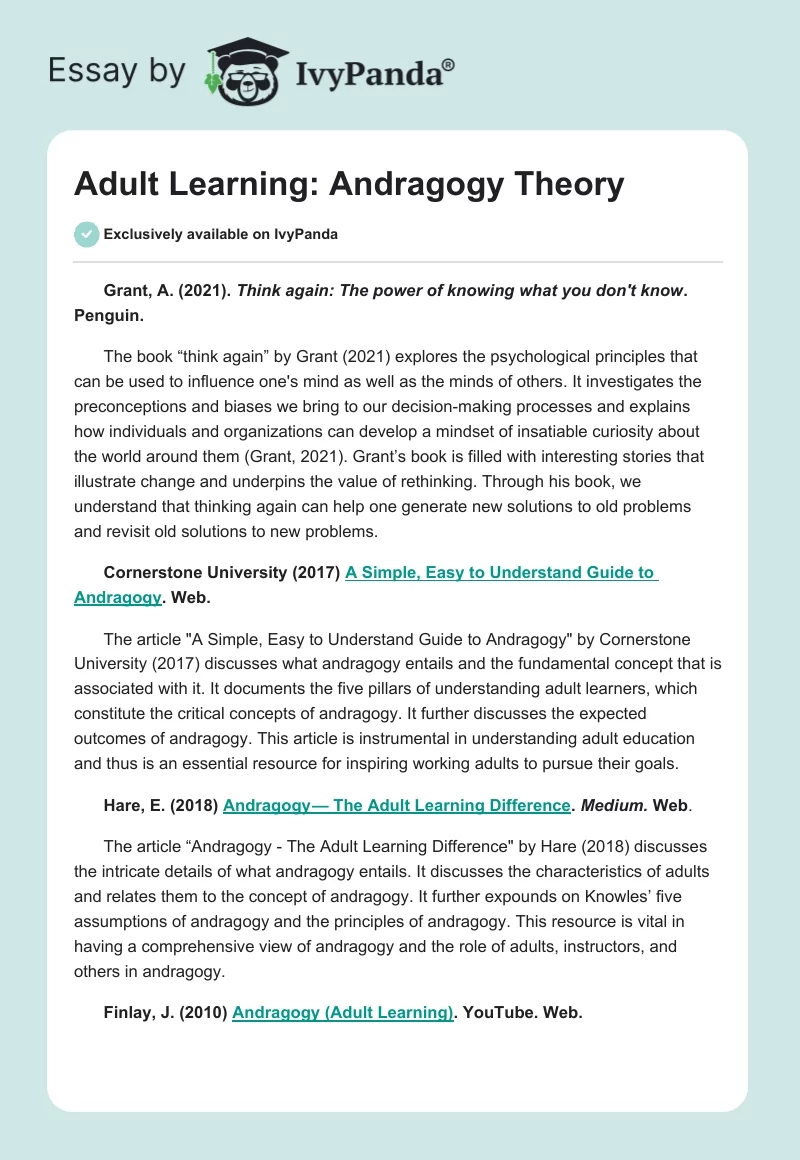 Adult Learning: Andragogy Theory. Page 1