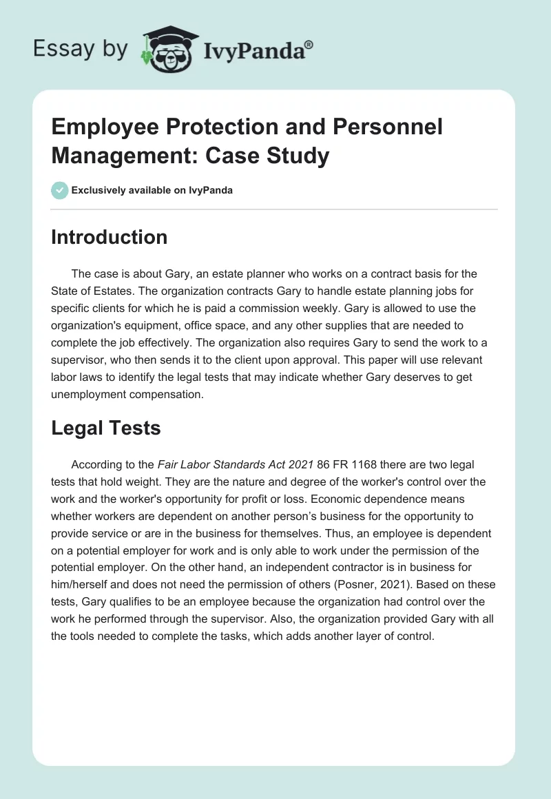 Employee Protection and Personnel Management: Case Study. Page 1