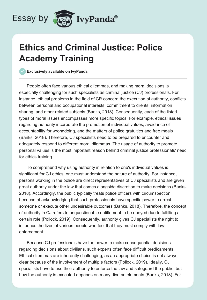 Ethics and Criminal Justice: Police Academy Training. Page 1