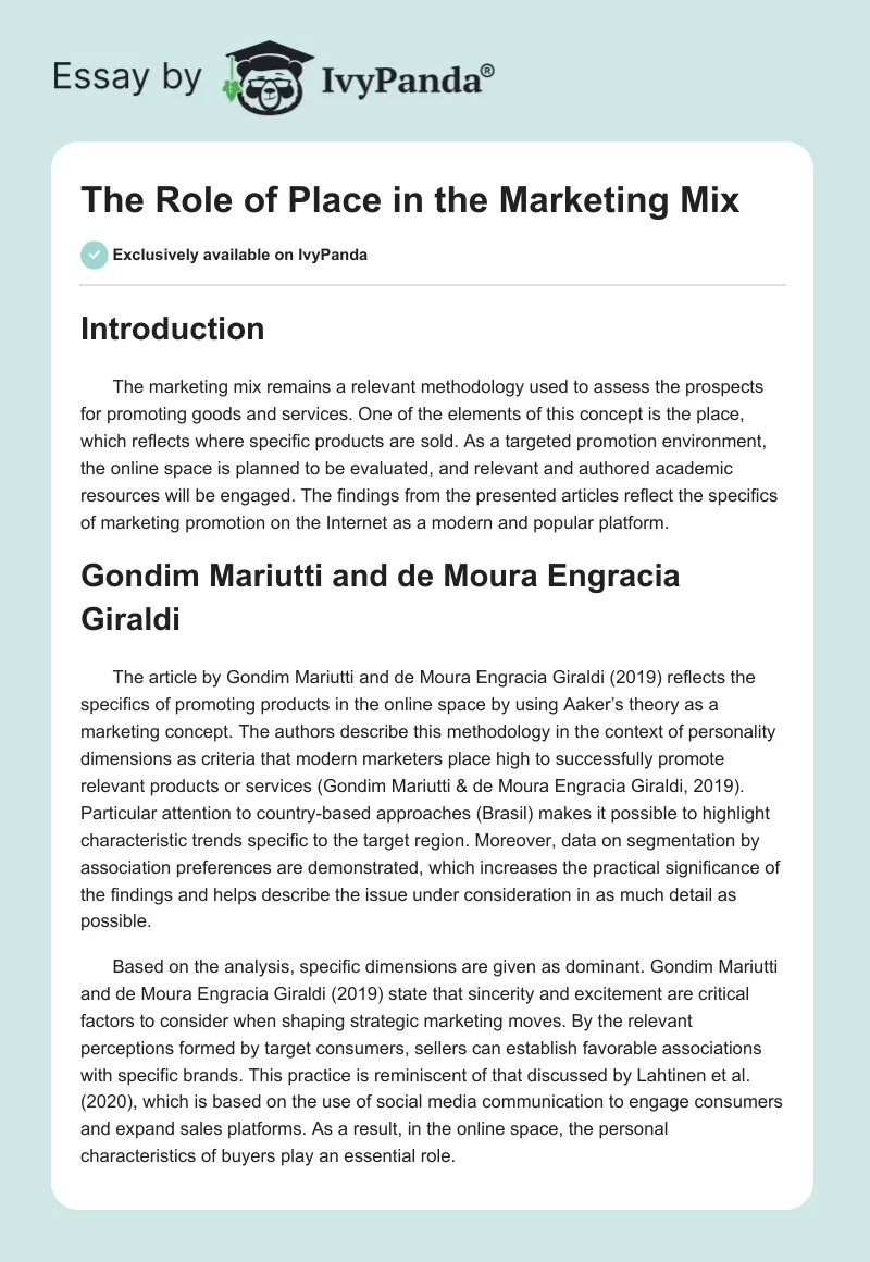 The Role of "Place" in the Marketing Mix. Page 1