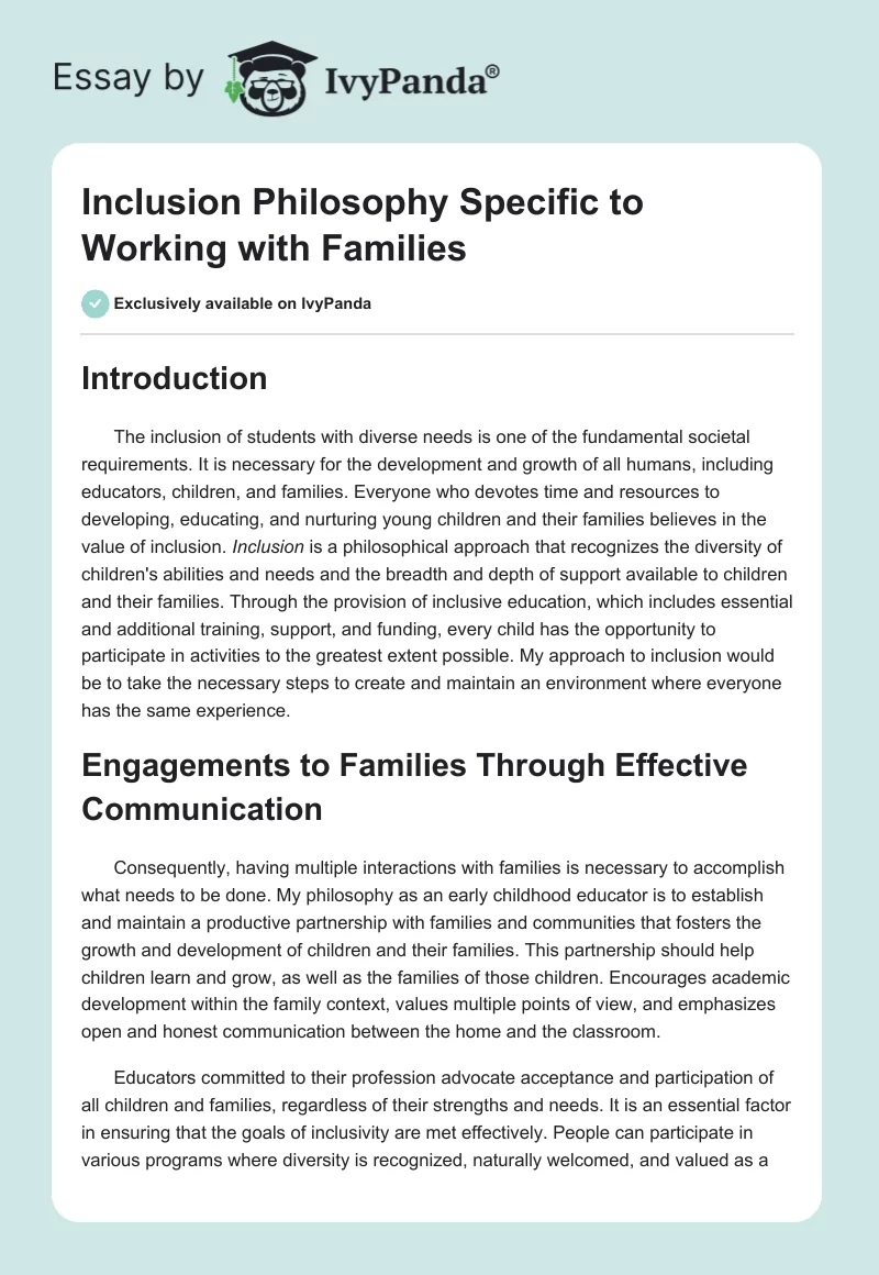 Inclusion Philosophy Specific to Working with Families. Page 1