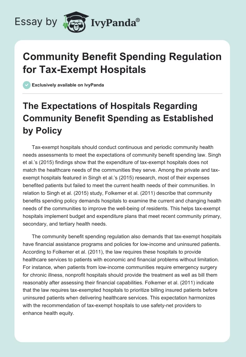 Community Benefit Spending Regulation for Tax-Exempt Hospitals. Page 1