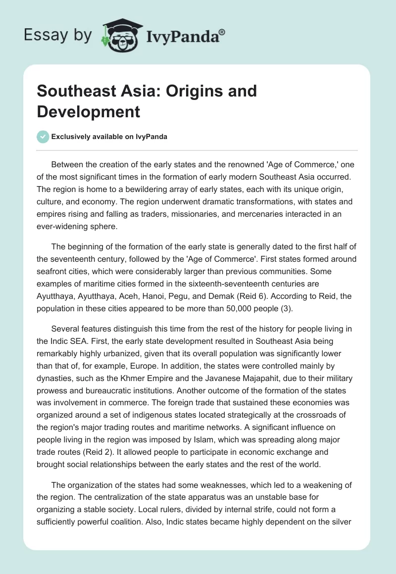 Southeast Asia: Origins and Development. Page 1