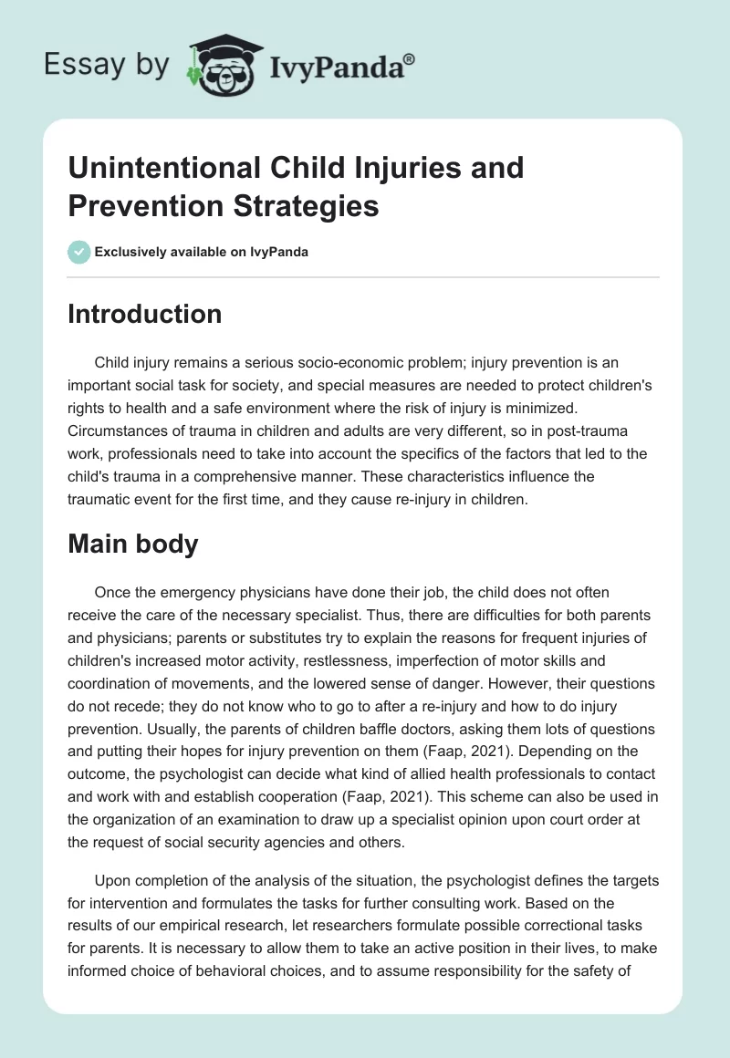 Unintentional Child Injuries and Prevention Strategies. Page 1