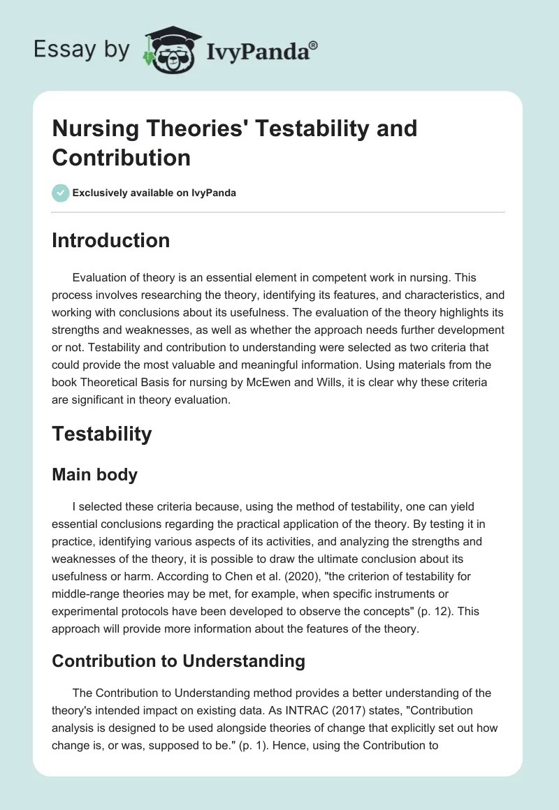 Nursing Theories' Testability and Contribution. Page 1
