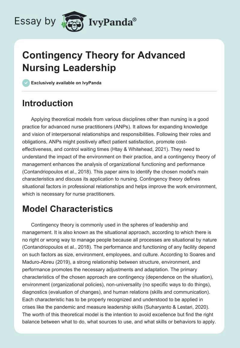 Contingency Theory for Advanced Nursing Leadership. Page 1