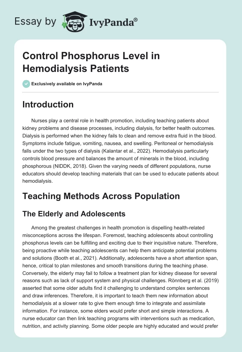 Control Phosphorus Level in Hemodialysis Patients. Page 1