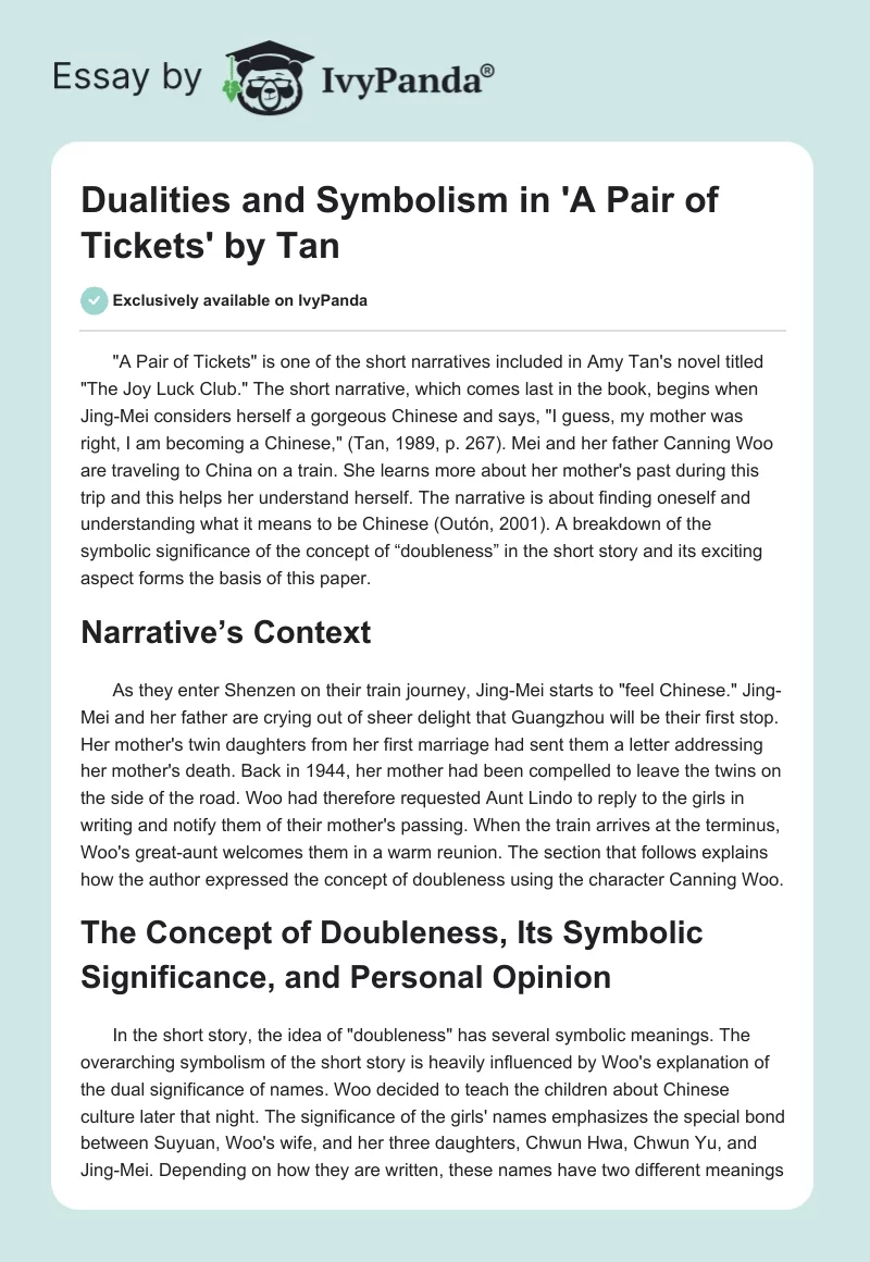 Dualities and Symbolism in 'A Pair of Tickets' by Tan. Page 1