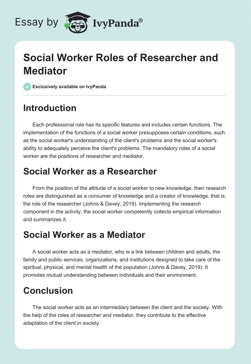 Social Worker Roles of Researcher and Mediator. Page 1