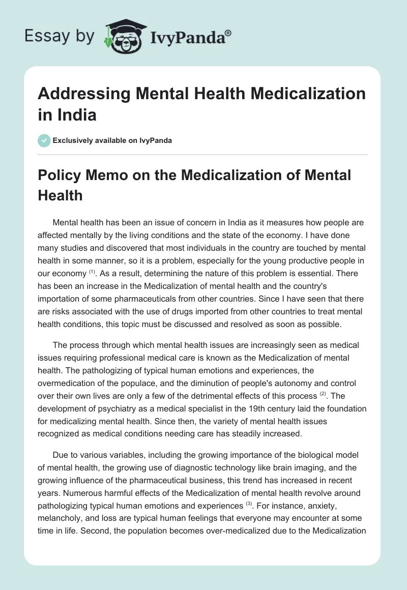 Addressing Mental Health Medicalization in India. Page 1