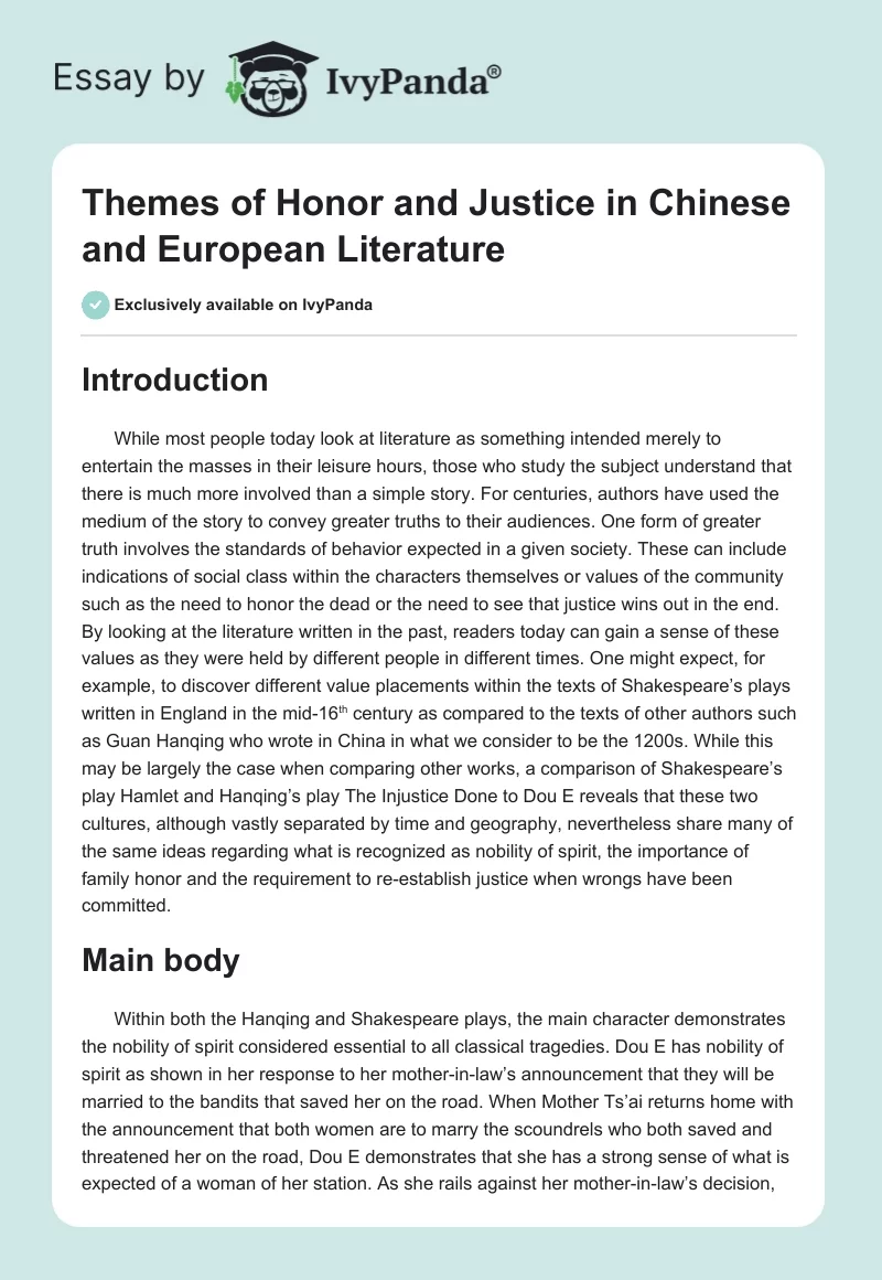 Themes of Honor and Justice in Chinese and European Literature. Page 1