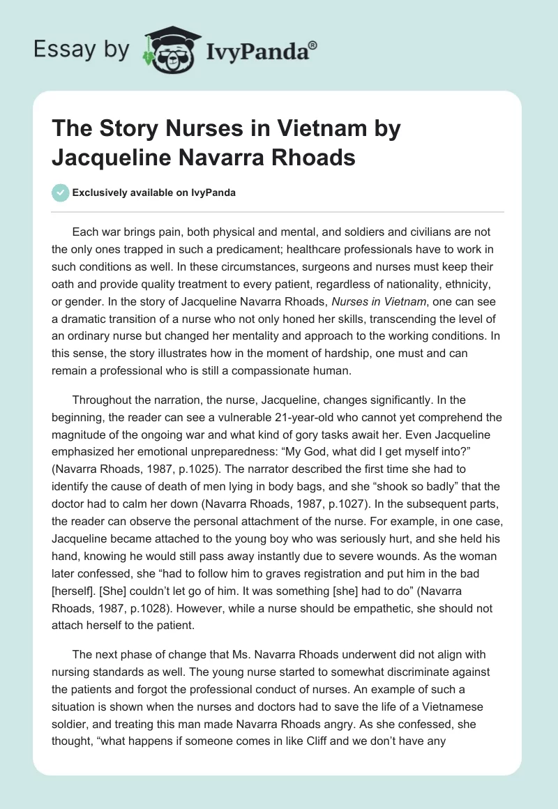 The Story "Nurses in Vietnam" by Jacqueline Navarra Rhoads. Page 1