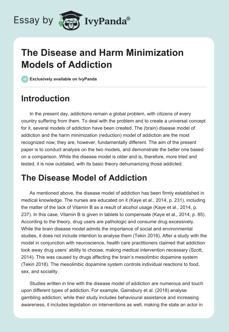 The Disease and Harm Minimization Models of Addiction. Page 1