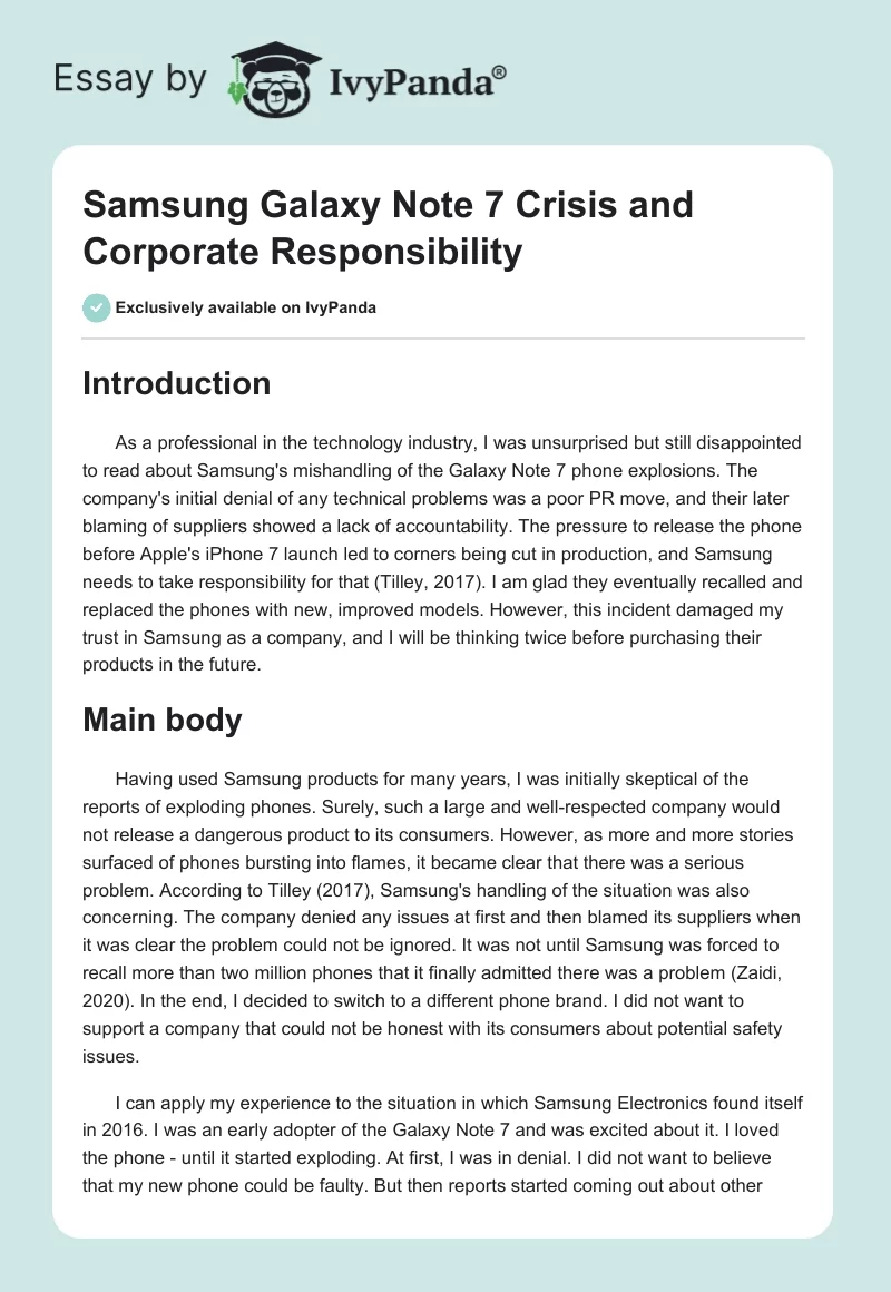 Samsung Galaxy Note 7 Crisis and Corporate Responsibility. Page 1