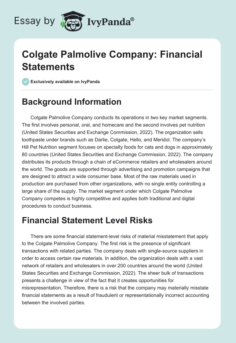 Colgate Palmolive Company: Financial Statements. Page 1