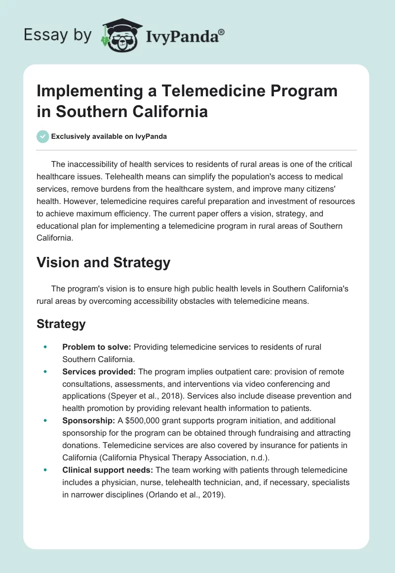 Implementing a Telemedicine Program in Southern California. Page 1