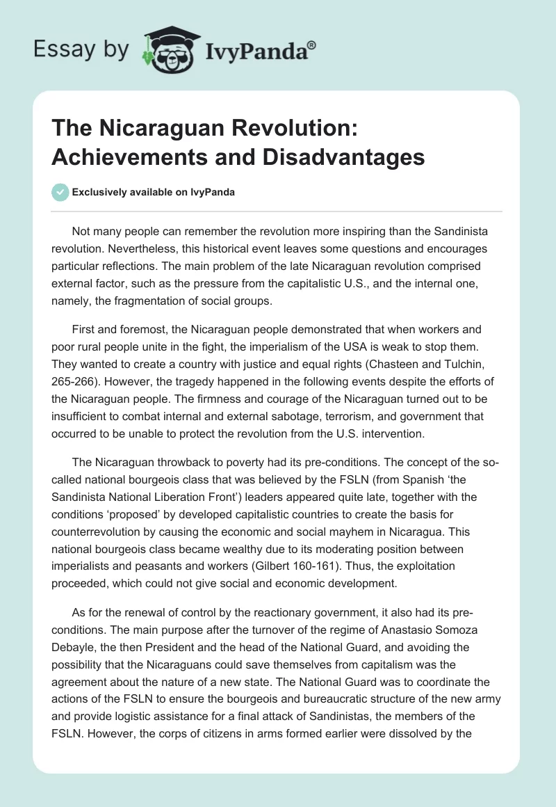 The Nicaraguan Revolution: Achievements and Disadvantages. Page 1