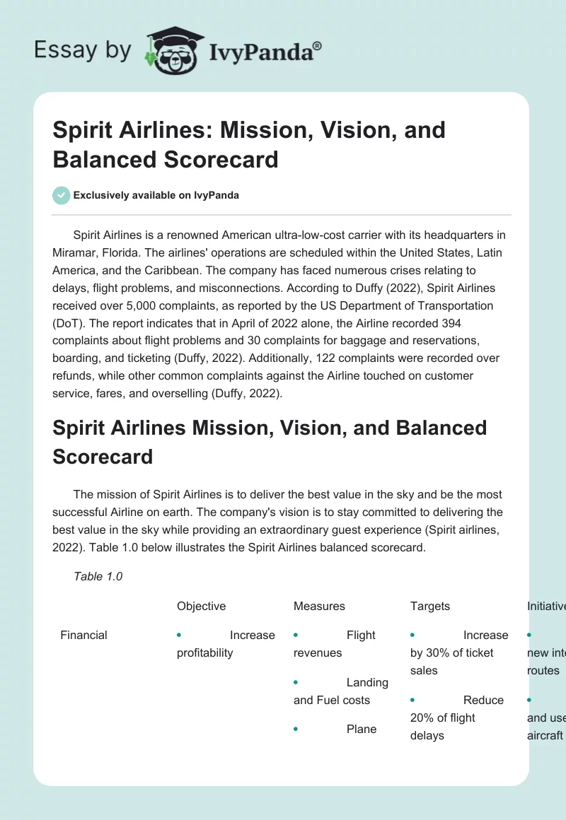 Spirit Airlines: Mission, Vision, and Balanced Scorecard. Page 1