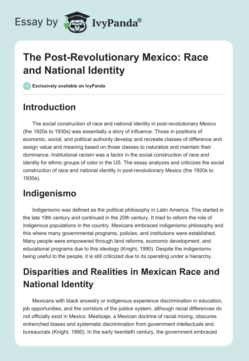 The Post-Revolutionary Mexico: Race and National Identity. Page 1