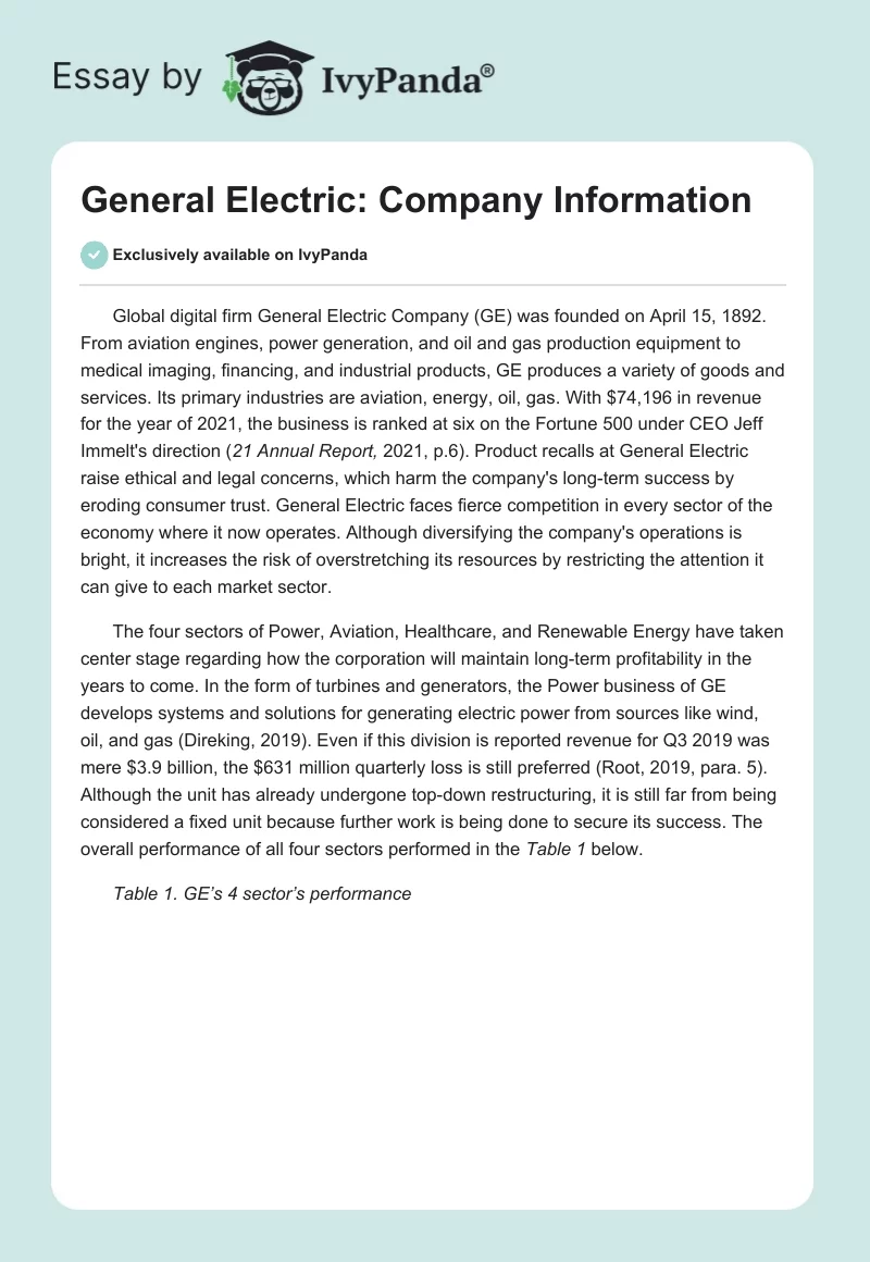 General Electric: Company Information. Page 1