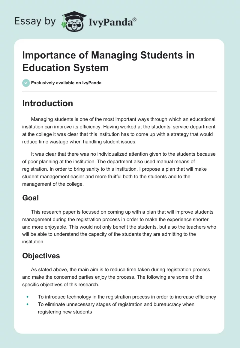 Importance of Managing Students in the Education System. Page 1