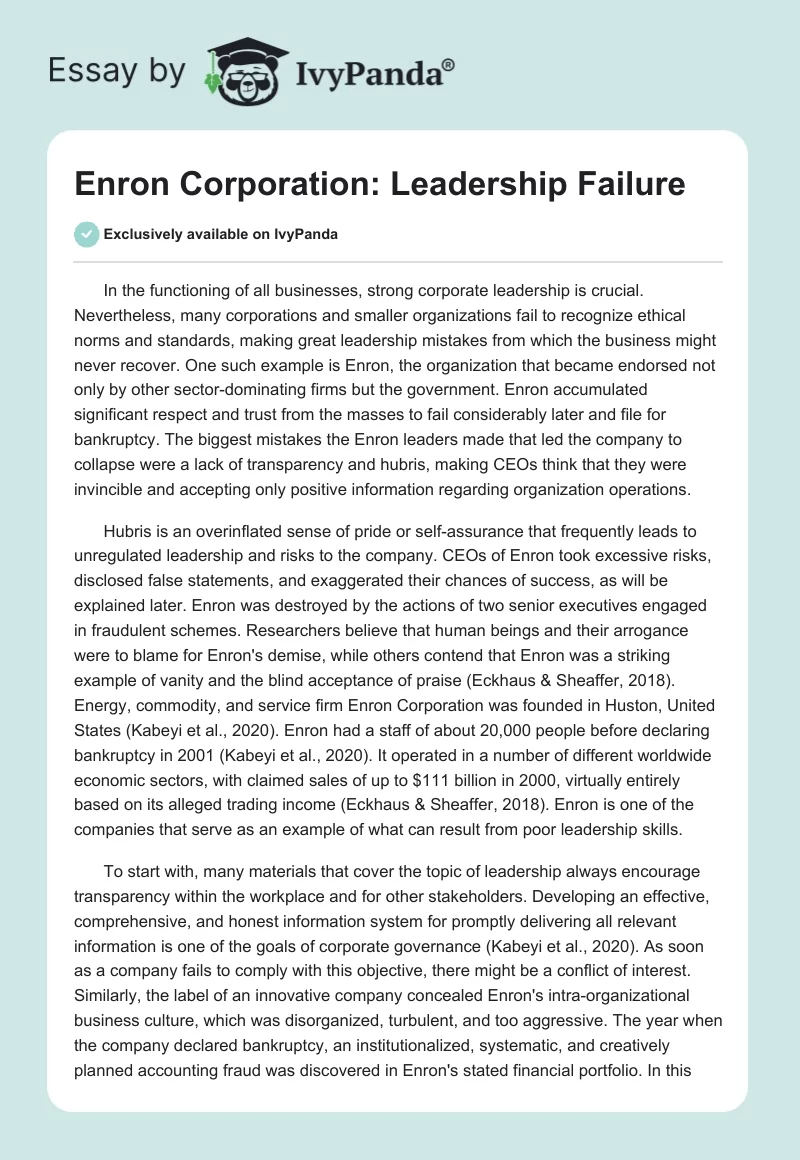 Enron Corporation: Leadership Failure. Page 1