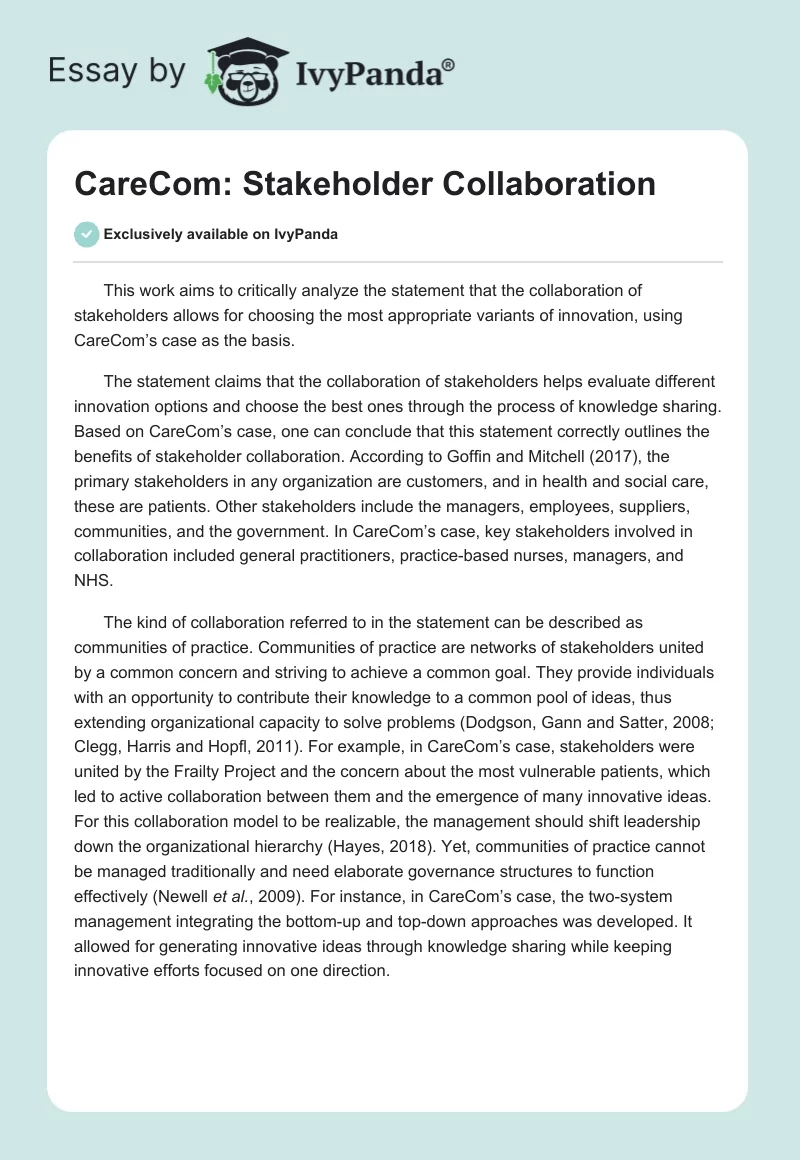 CareCom: Stakeholder Collaboration. Page 1
