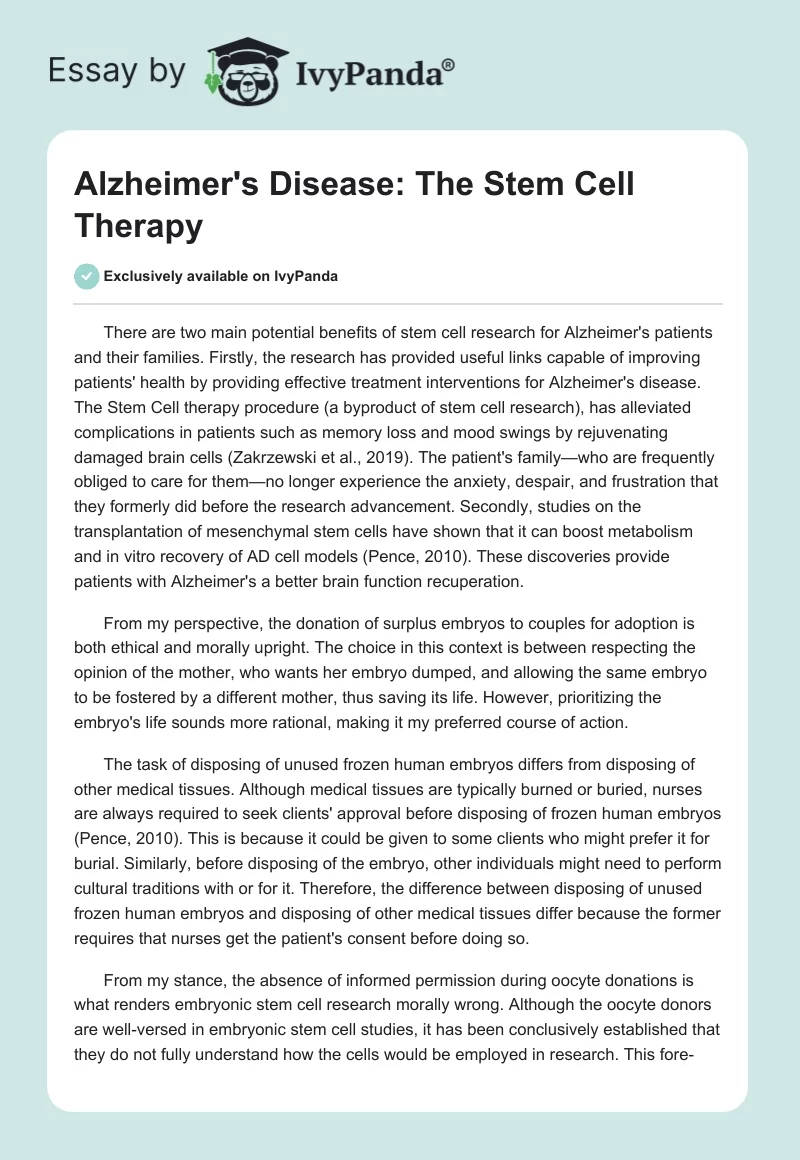 Alzheimer's Disease: The Stem Cell Therapy. Page 1