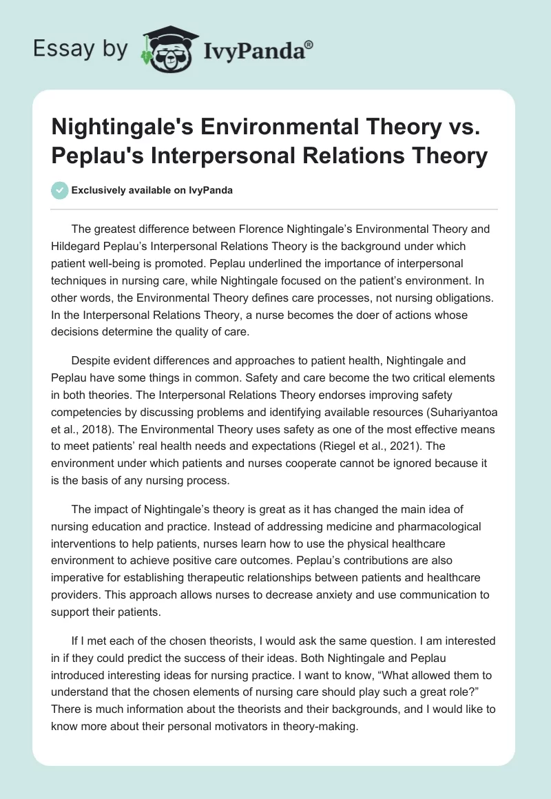Nightingale's Environmental Theory vs. Peplau's Interpersonal Relations Theory. Page 1