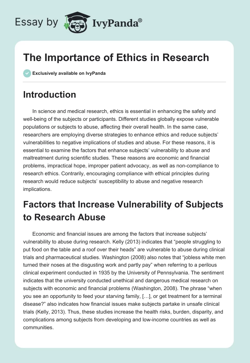 The Importance of Ethics in Research. Page 1