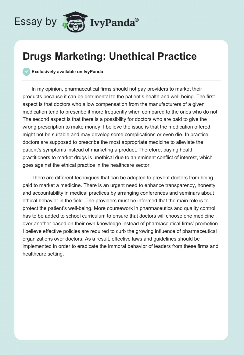 Drugs Marketing: Unethical Practice. Page 1