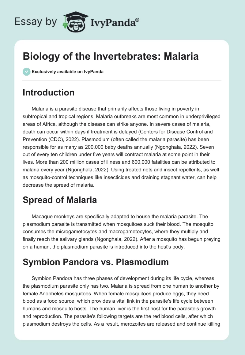 Biology of the Invertebrates: Malaria. Page 1