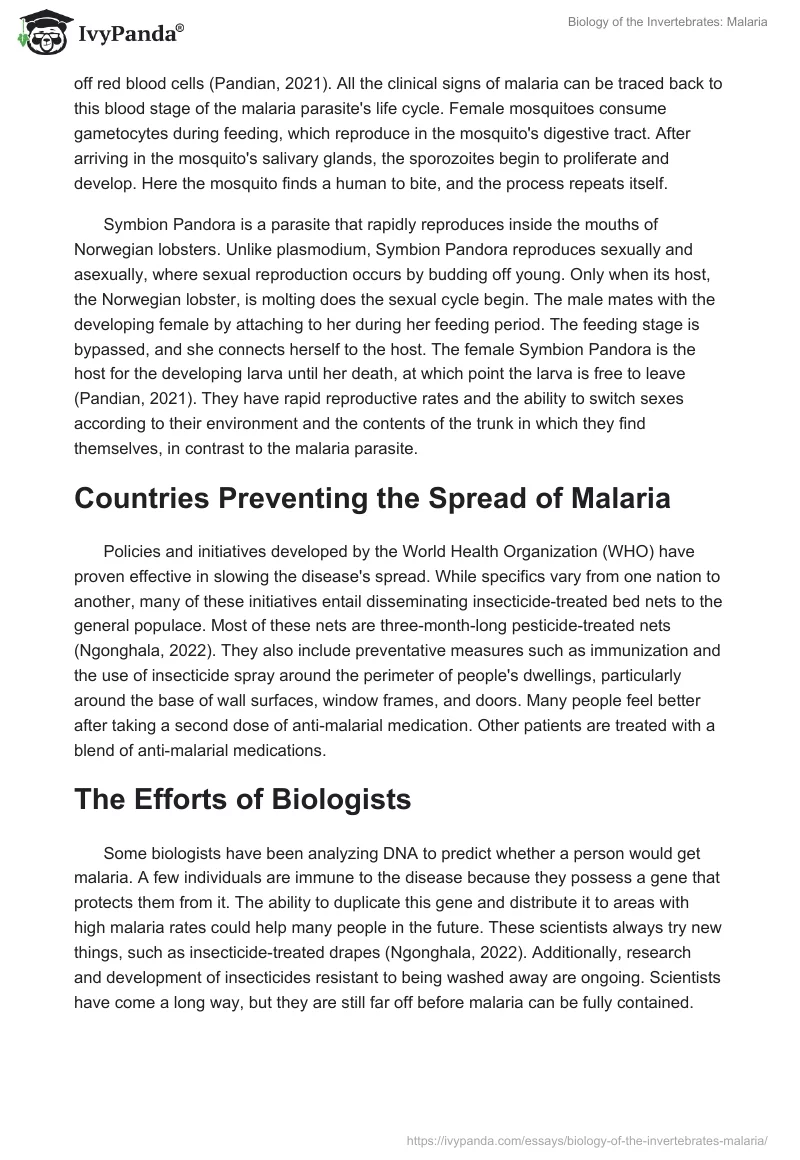 Biology of the Invertebrates: Malaria. Page 2