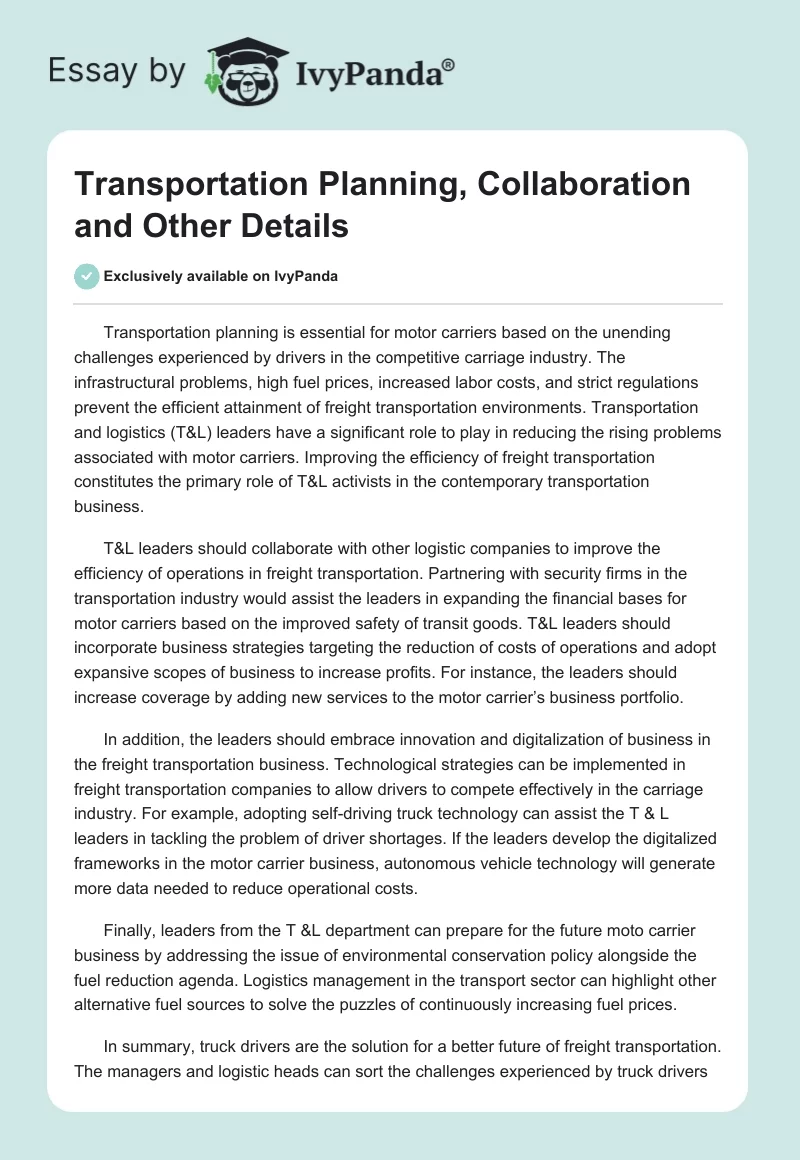 Transportation Planning, Collaboration and Other Details. Page 1
