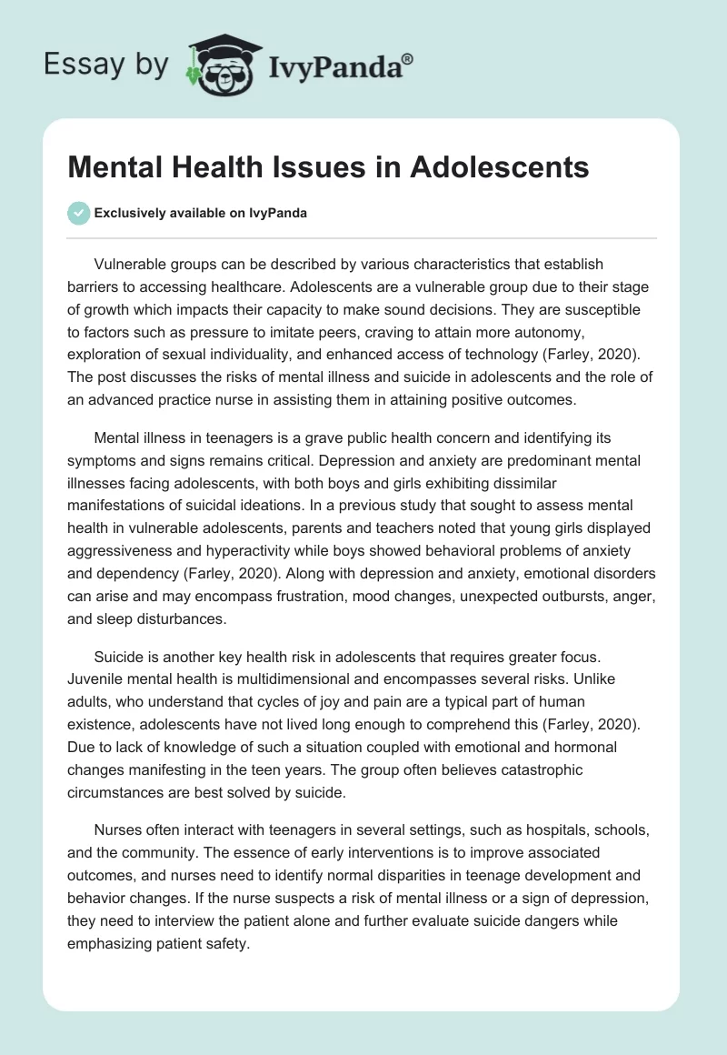 Mental Health Issues in Adolescents. Page 1
