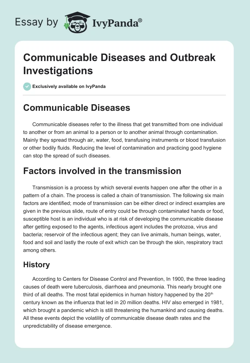 Communicable Diseases and Outbreak Investigations. Page 1