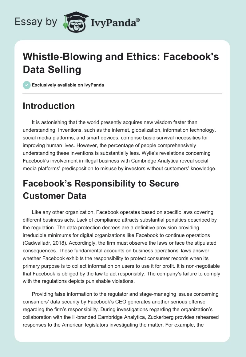 Whistle-Blowing and Ethics: Facebook's Data Selling. Page 1