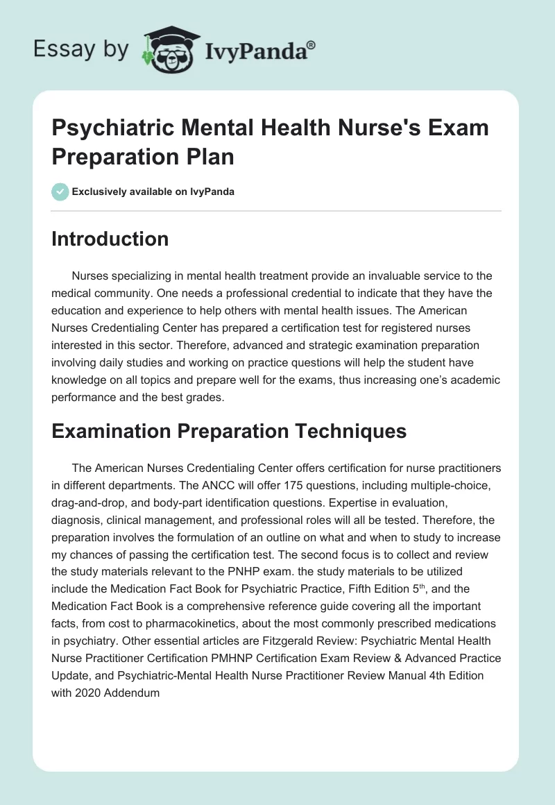 Psychiatric Mental Health Nurse's Exam Preparation Plan. Page 1