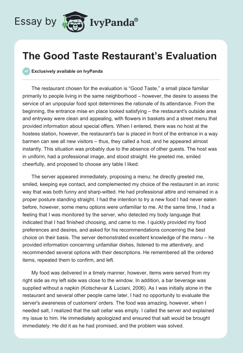 The Good Taste Restaurant’s Evaluation. Page 1