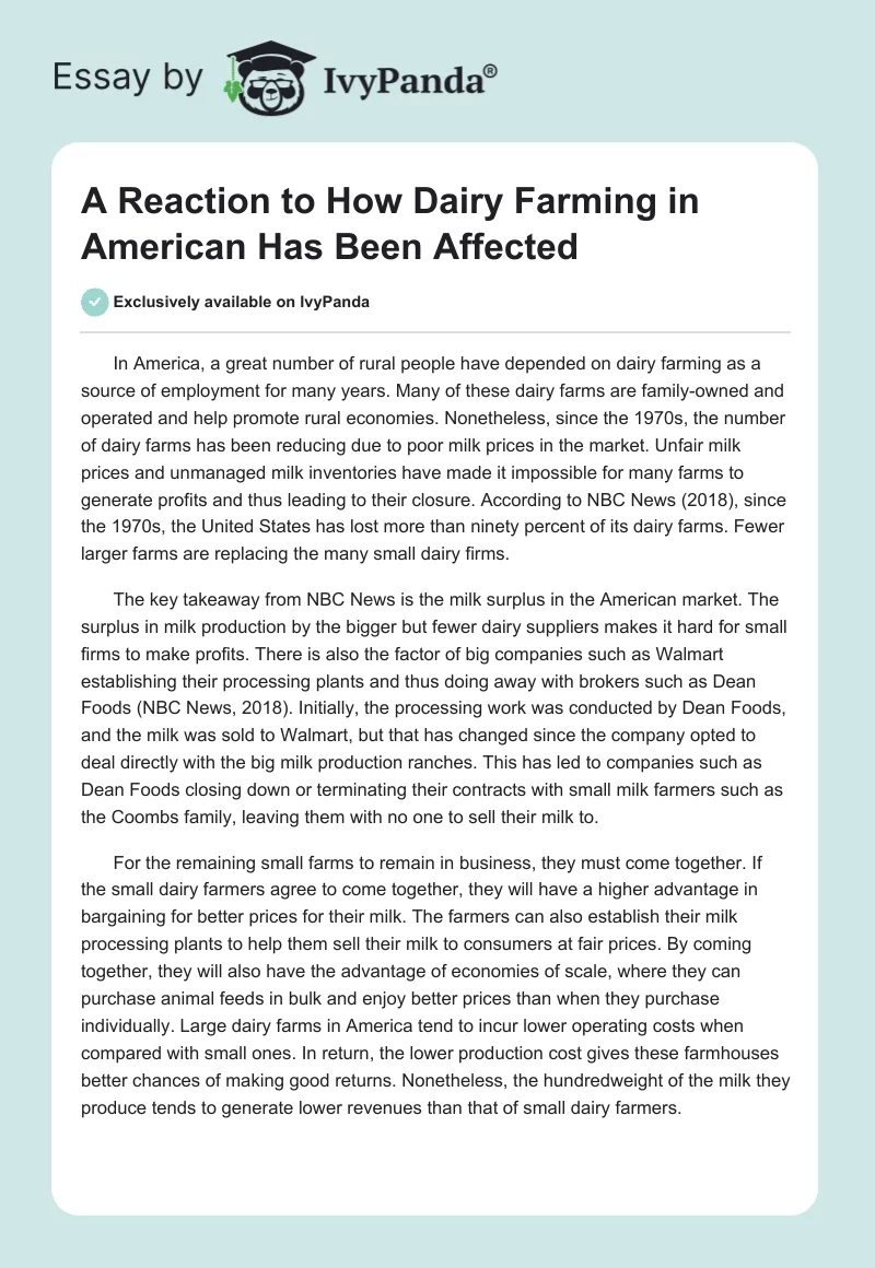 A Reaction to How Dairy Farming in American Has Been Affected. Page 1