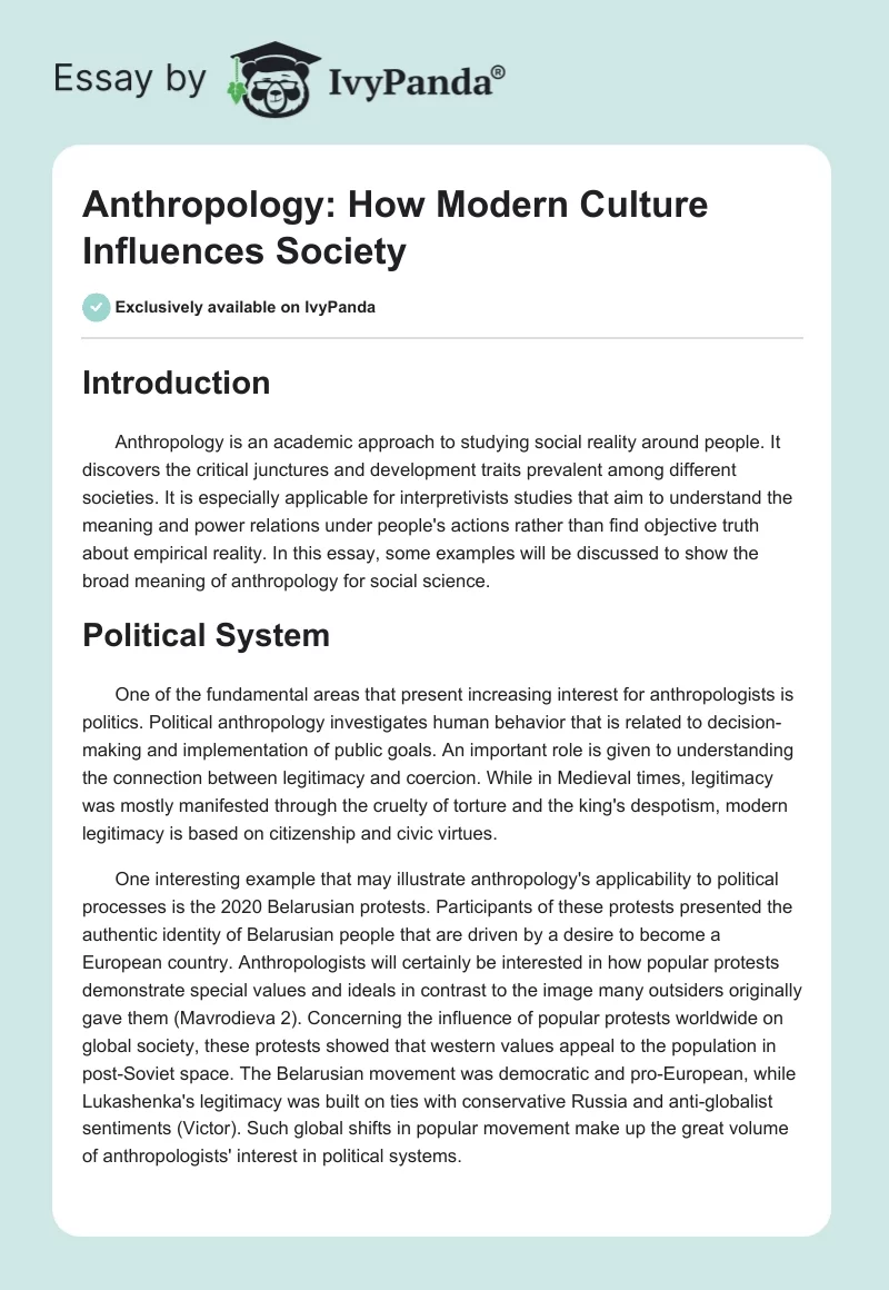 Anthropology: How Modern Culture Influences Society. Page 1