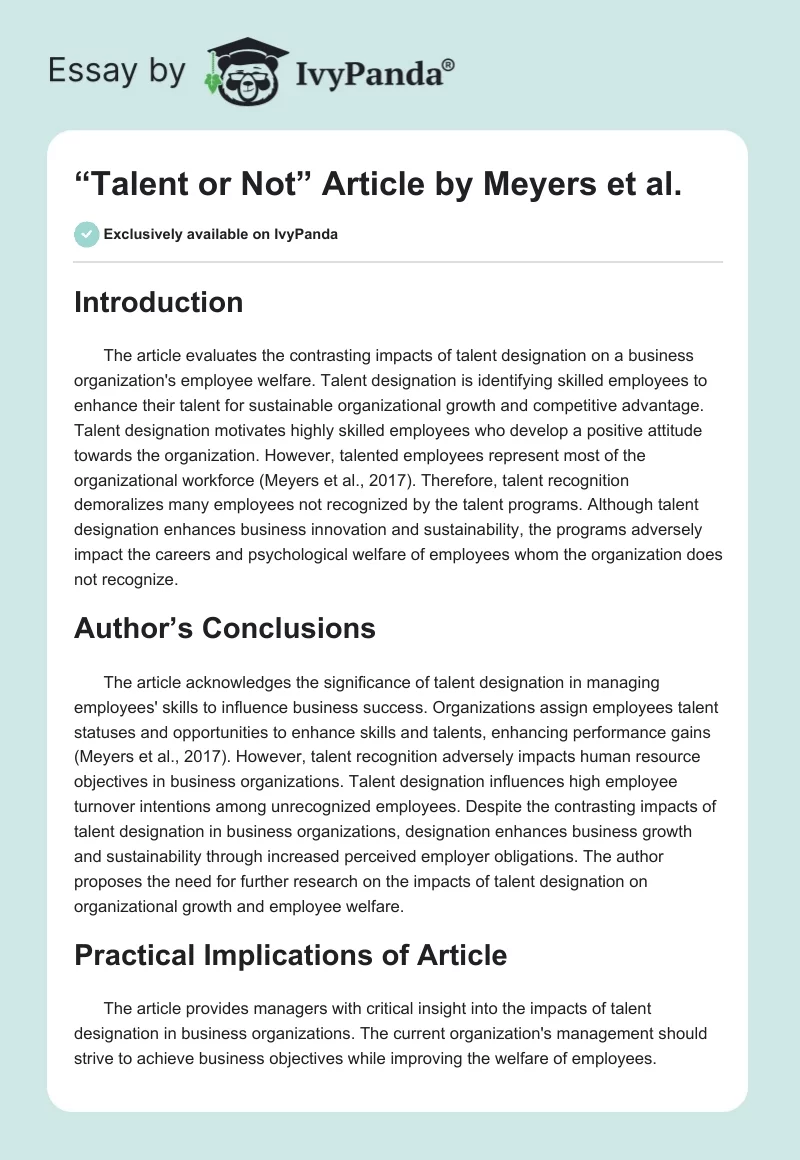 “Talent or Not” Article by Meyers et al.. Page 1
