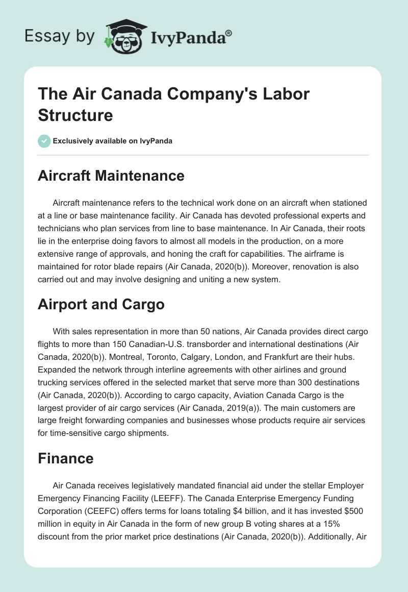 The Air Canada Company's Labor Structure. Page 1